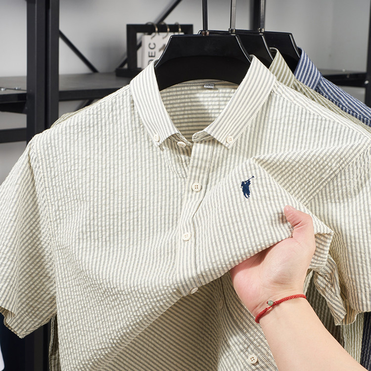 25年夏季中青年男士100纯棉新款竖条短袖衬衫T恤刺绣马标休闲衬衣
