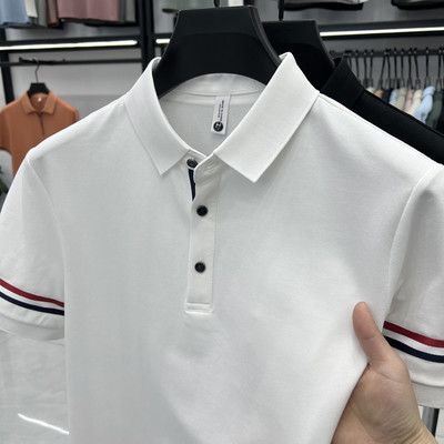 夏季袖肩条纹短袖T恤男2025新款半袖高端商务休闲男士polo衫宽松