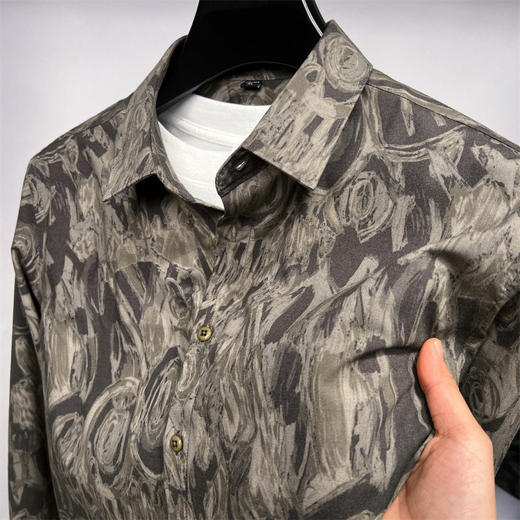 高档植物涂鸦弹力免烫衬衫男长袖2025春季中青年休闲碎花修身衬衣