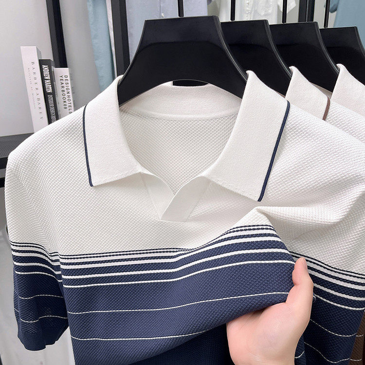 夏季新款针织男士短袖polo衫翻领提花条纹丝光棉半袖T恤男装上衣