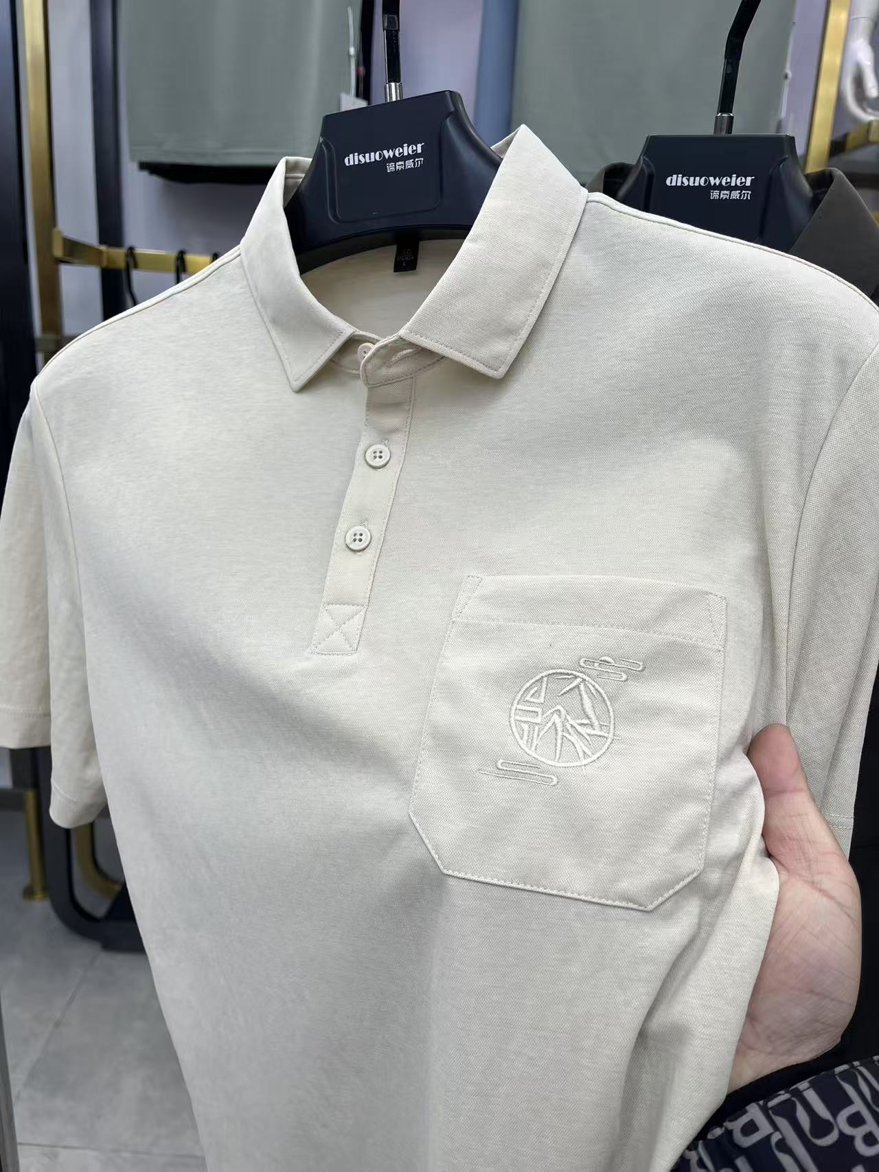 25年夏季新款棉麻国风刺绣有口袋富贵竹Polo衫短袖男士中式体恤潮