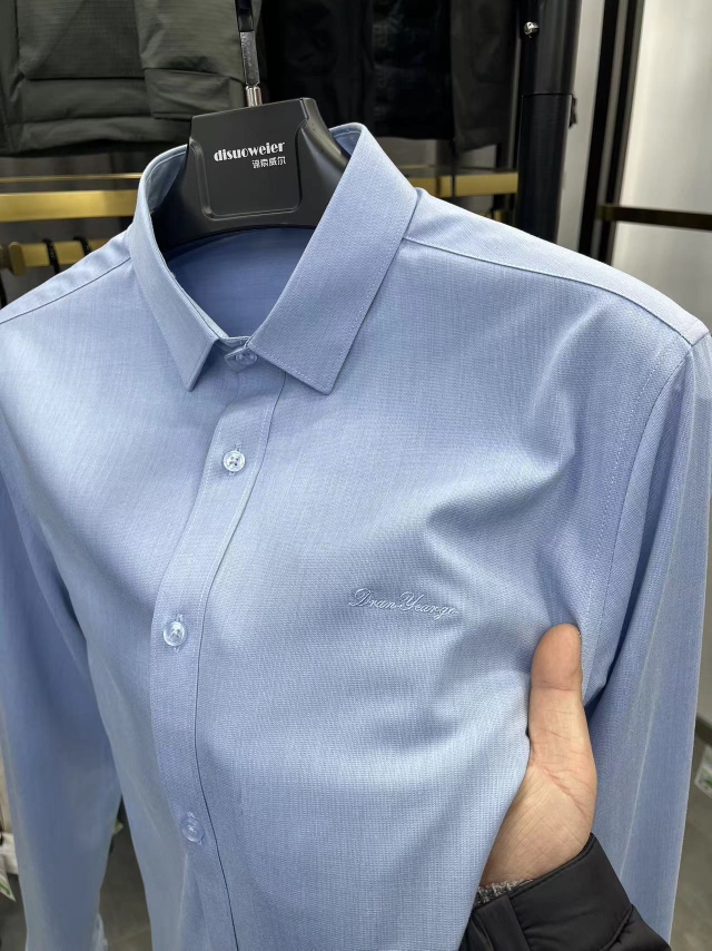 春季男士长袖衬衫纯色免烫高档商务休闲衬衣抗皱刺绣寸衫男装潮流