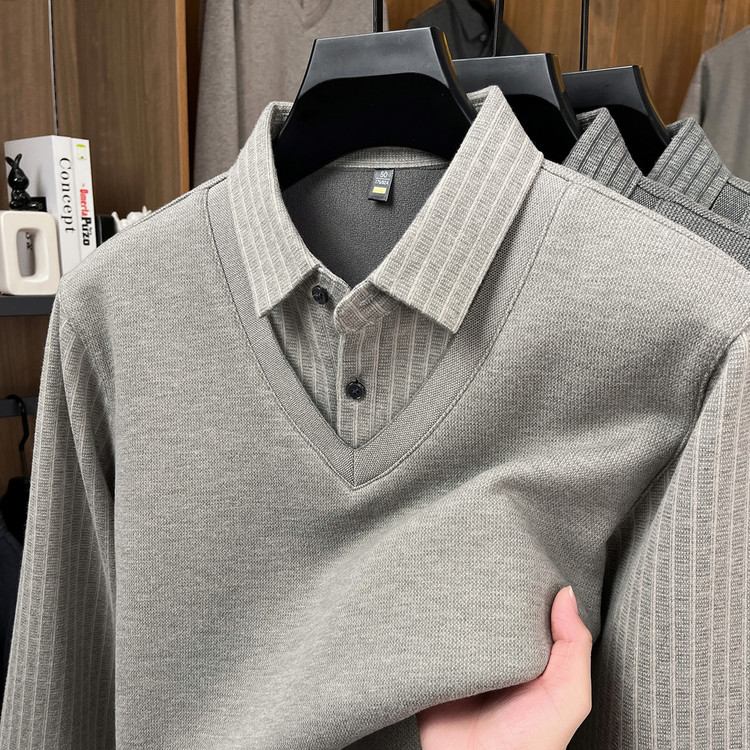 高档假两件衬衫领羊毛衫男冬季新款加厚保暖中年爸爸装毛衣打底衫