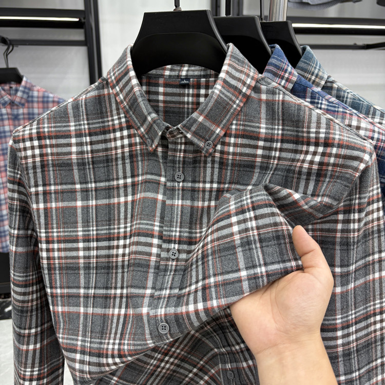 2025秋新款中青年男士磨毛厚款衬衫翻领商务休闲纯棉格子长袖衬衣