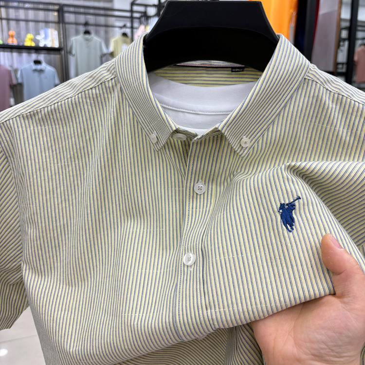 新款夏季条纹短袖衬衫中青年男士宽松百搭刺绣休闲商务高端衬衣潮