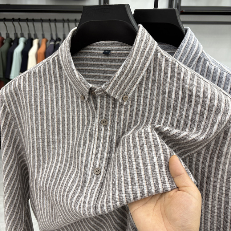 2025秋冬纯棉磨毛竖条纹衬衫男士高级感休闲中青年全棉长袖衬衣潮