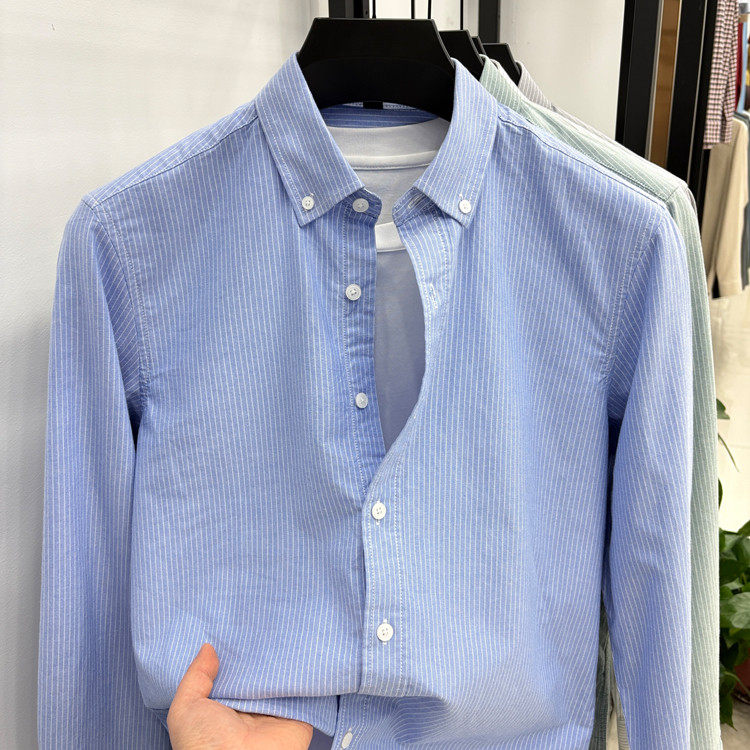 春秋季新款纯棉男士长袖衬衫男装竖条纹上衣商务休闲衬衣扣领寸衣