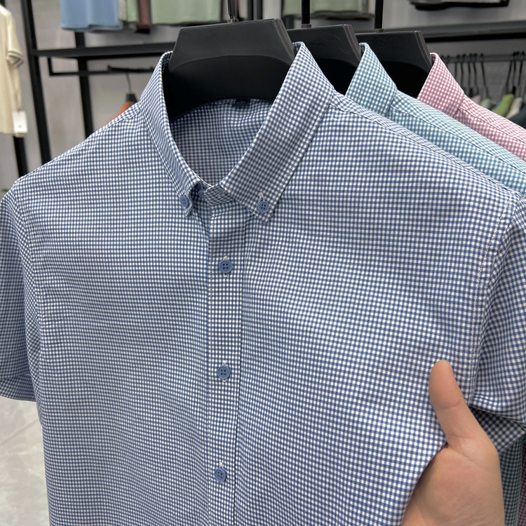 2025夏季新款小格子中青年男装纯棉男士休闲短袖翻领薄款衬衫舒适