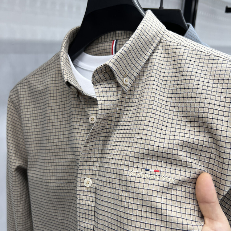 牛津纺100%纯棉长袖衬衫中青年男千鸟格上衣刺绣胸标时尚休闲寸衣
