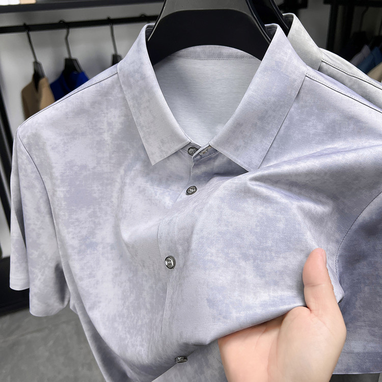 高端亚麻冰丝短袖印花衬衫夏装新款中青年薄款商务休闲百搭衬衣