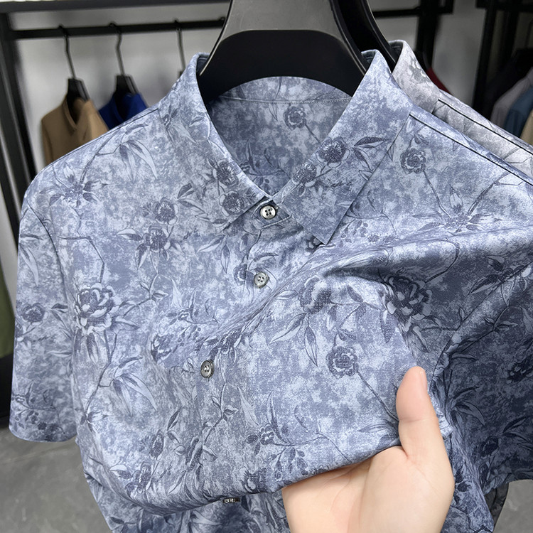 高端薄款印花翻领短袖衬衫男士时尚夏季冰丝亚麻宽松中年免烫衬衣