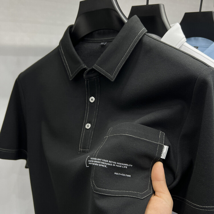 有口袋短~袖POLO衫日系男士夏季宽松翻领字母刺绣半袖t恤休闲体潮