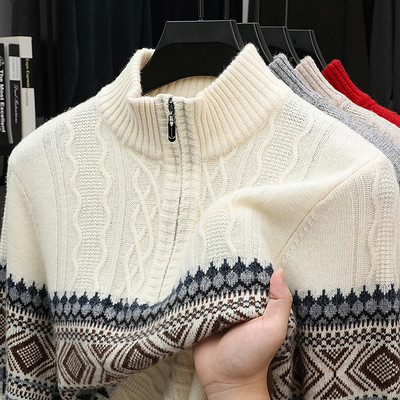 秋冬季高档男士半高拉链纯羊毛时尚休闲百搭针织衫加厚提花羊毛衫