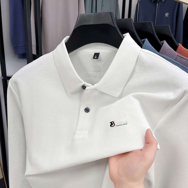丝光纯棉长袖t恤春秋季新款高端潮流刺绣宽松休闲中年男士POLO衫