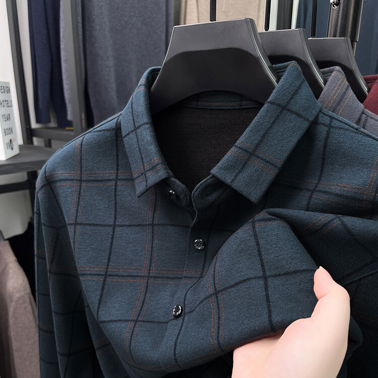 新款高档羊毛桑蚕丝长袖衬衫中年爸爸装商务休闲格子免烫男士衬衣