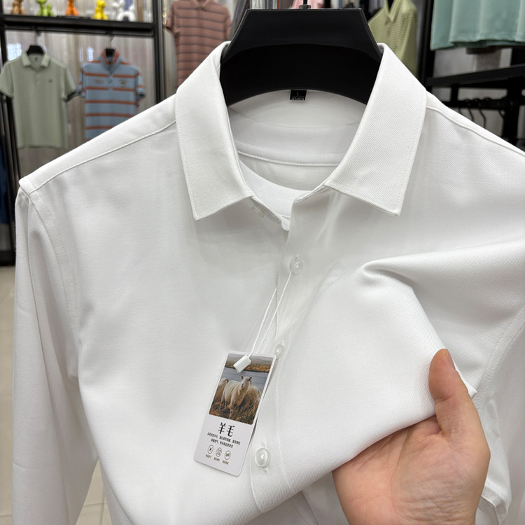 2025新款春秋季含羊毛男士长袖衬衫商务休闲纯色百搭衬衣打底寸衫