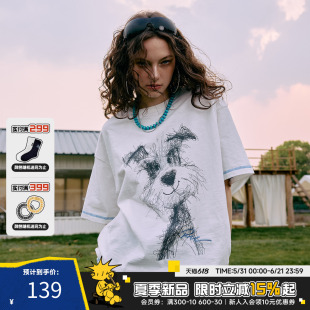 RickyisClown潦草小狗竹节棉撞色印花短袖夏季潮宽松休闲百搭T恤