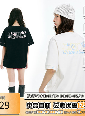 RIC刺绣短袖T恤男新款夏季樱花重磅美式潮牌情侣装速干凉感半袖女