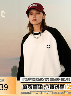 RIC 2025春秋撕裂笑脸撞色插肩长袖T恤男潮牌宽松情侣装上衣T恤女