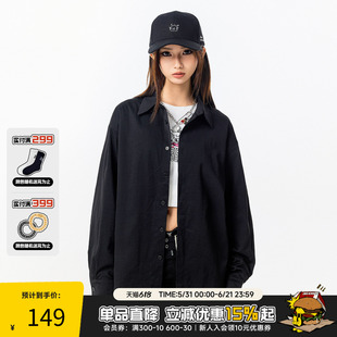RickyisClown纯色长袖衬衫男秋季潮牌宽松字母刺绣简约衬衣外套女