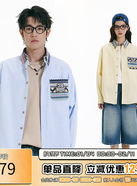 RIC民族风条纹衬衫男长袖秋季新款 潮牌情侣蓝色长袖衫衬衣外套女