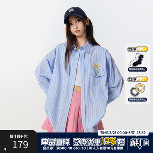 2025宽松情侣衬衣外套女 男秋季 RIC口袋花瓶刺绣蓝色条纹长袖 衬衫