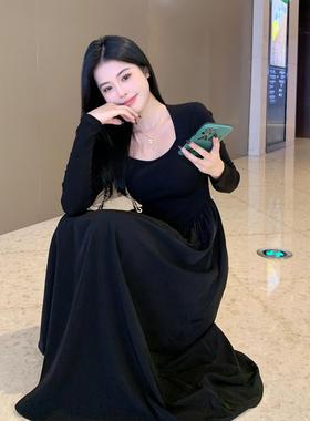 新色连衣裙子女黑2024春秋季款法式高HM431【本级感赫风内搭长袖