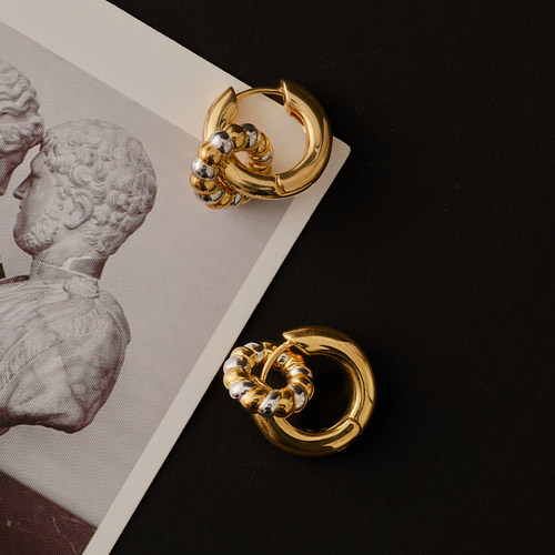 双环拼色耳环女小众设计