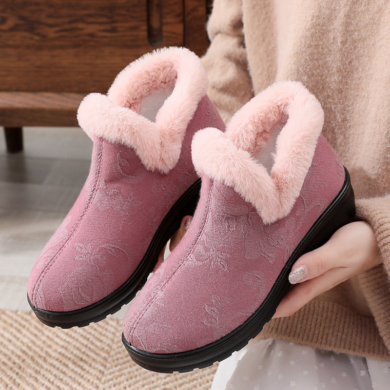 冬季提花棉雪地靴老北京布鞋保暖加绒女短靴平跟软底防滑妈妈棉鞋