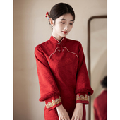 红色新娘结婚订婚礼服秋冬季 旗袍敬酒服冬装 加绒加厚新中式 小个子