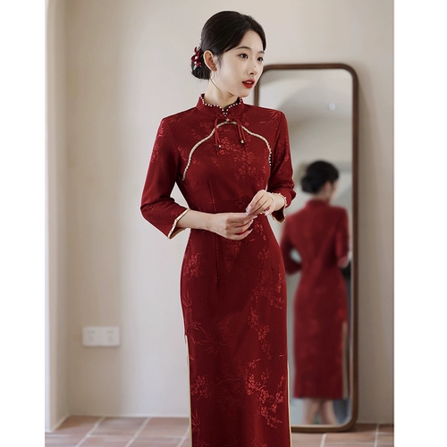 Красное ципао, демисезонное вечернее платье, лонгслив, свадебное платье для невесты, премиум класс, китайский стиль
