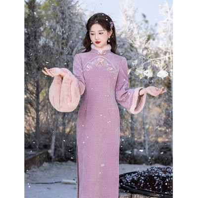 冬季紫色旗袍加厚长袖复古年轻款