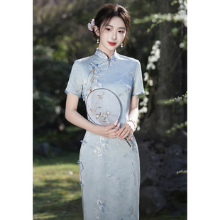 国风女装 少女新中式 连衣裙夏提花刺绣 改良年轻款 蓝色旗袍2025新款