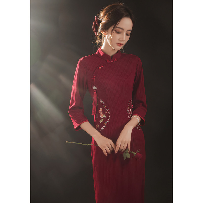 红色旗袍2021年新款秋冬长袖年轻款敬酒服新娘2022回门订婚礼服女