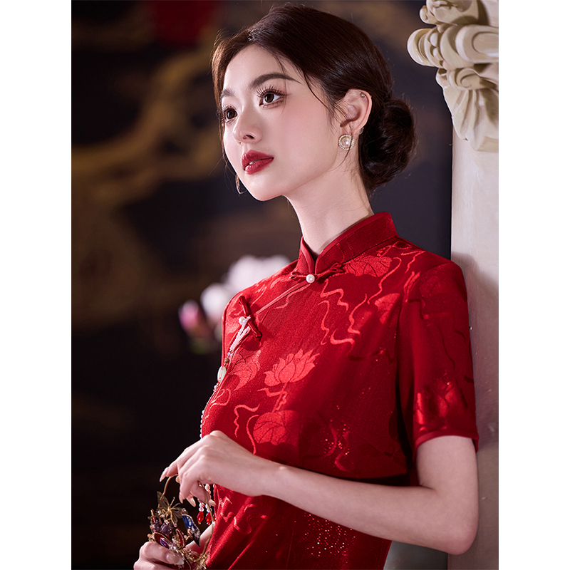红色旗袍敬酒服新娘夏季新中式