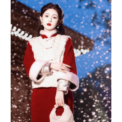 旗袍马甲套装加绒新中式拜年服冬