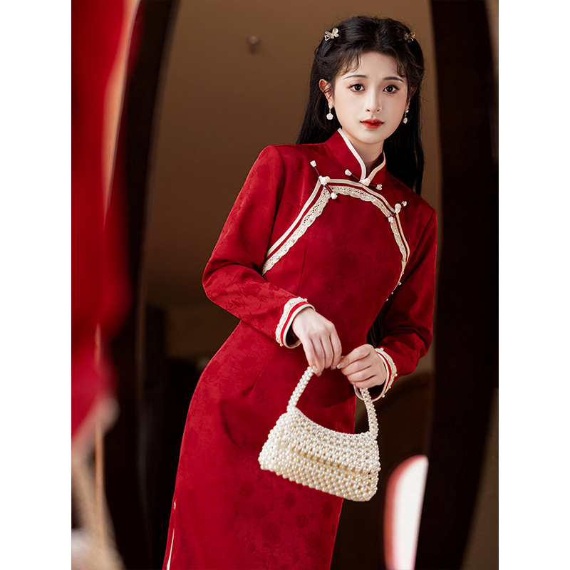 红色旗袍订婚礼服裙年轻款高级