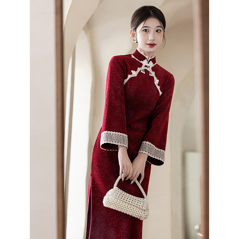 倒大袖旗袍订婚礼服裙日常秋冬季