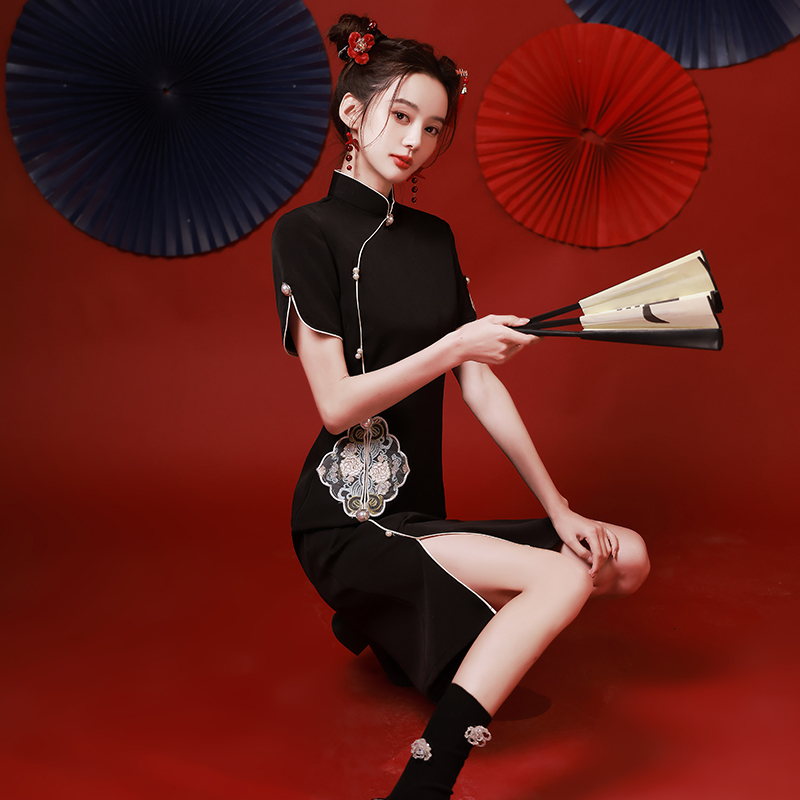 黑色旗袍2024年新款夏款年轻款少女改良国潮女装炸街小个子中国风