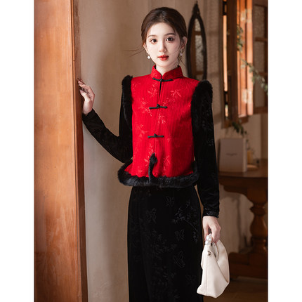 红色马甲旗袍套装敬酒服订婚礼服冬季唐装加绒加厚黑色过年新中式
