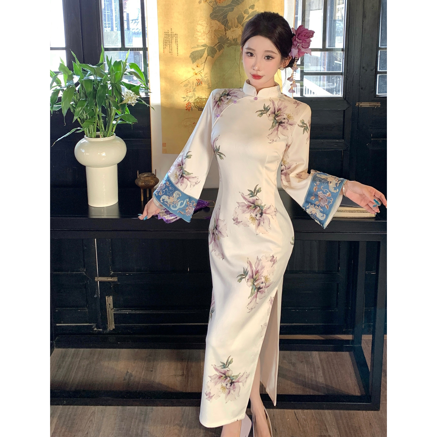 倒大袖旗袍国风女新中式长袖秋冬