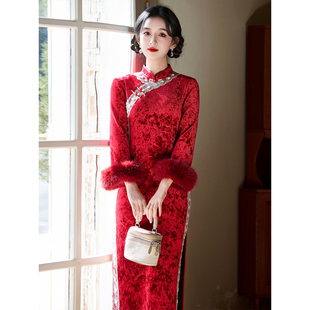 红色丝绒加绒加厚冬装旗袍复古高端大气上档次年轻妈妈喜婆婆婚宴