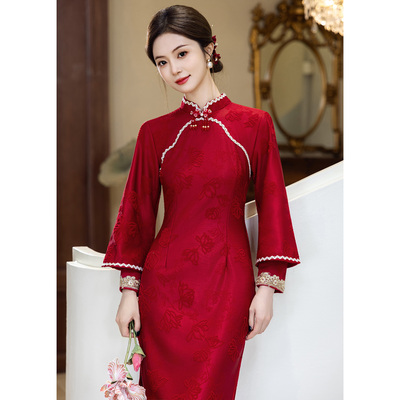 红色旗袍提花订婚礼服连衣裙秋冬