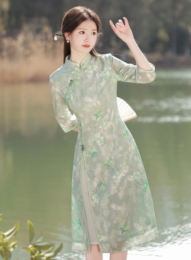 绿色奥黛旗袍2026新款改良年轻款少女小个子日常新中式茶服女夏季