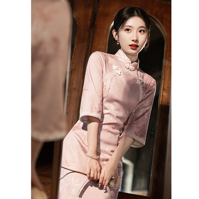 日常可穿旗袍粉色秋冬改良长款