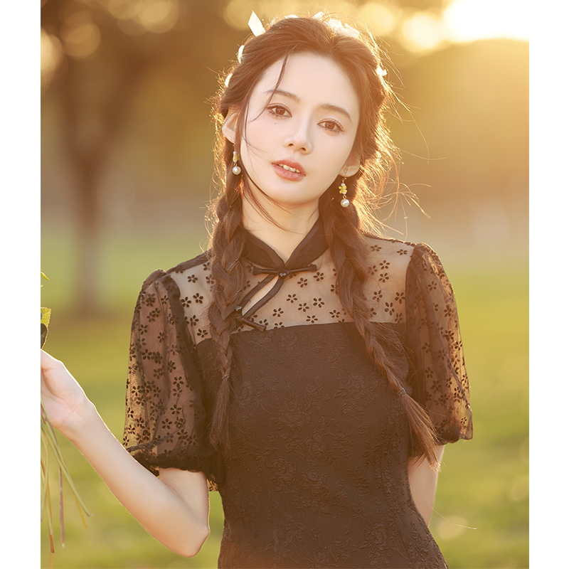 黑色短款新中式旗袍裙女