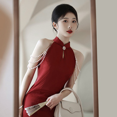 晨袍女新娘旗袍红色无袖挂脖改良敬酒服订婚礼服连衣裙新中式婚服