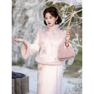 冬季新中式国风女装马甲套装粉色冬装日常加绒倒大袖汉服女三件套