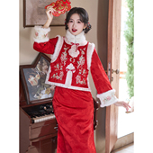 新中式 马甲套装 拜年服过年战袍唐装 红色旗袍2025新款 加绒加厚冬季