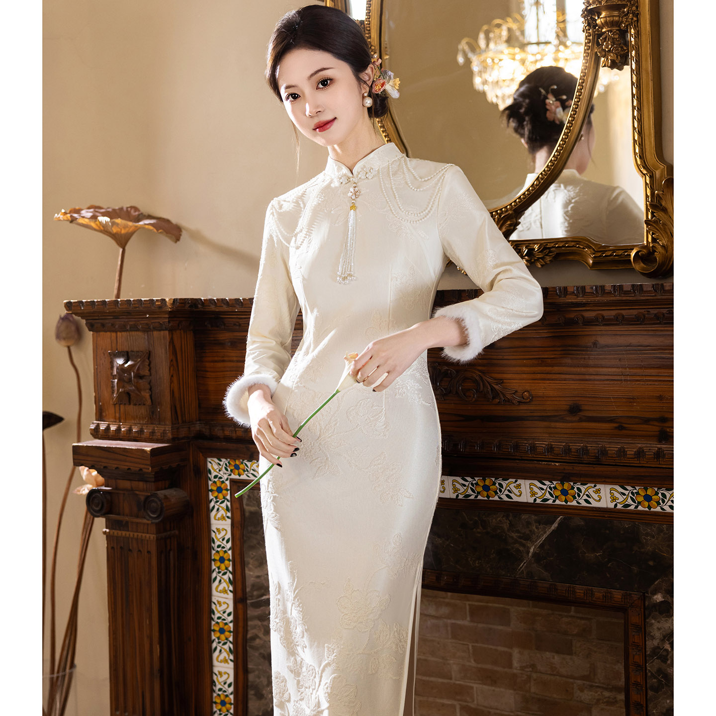 白色旗袍订婚结婚回门服新娘日常可穿秋冬季